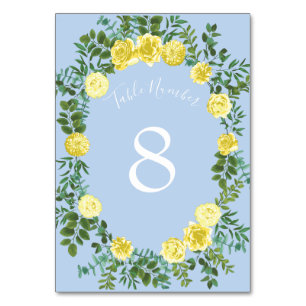 Yellow and Light Blue Rose Vintage Spring Wedding Table Number