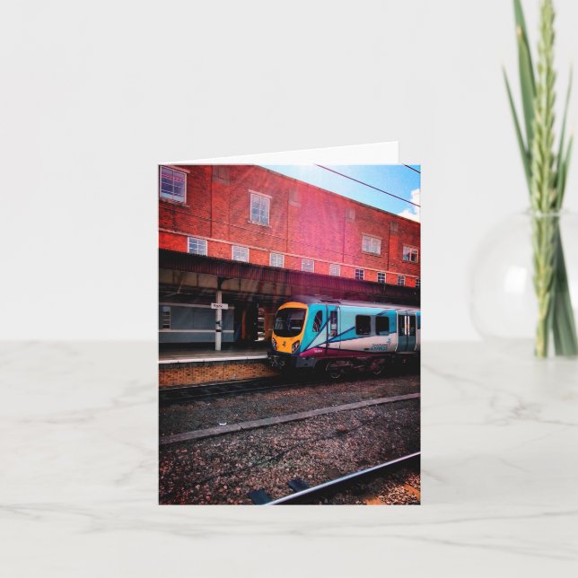 Yellow and light blue train note card (Front)