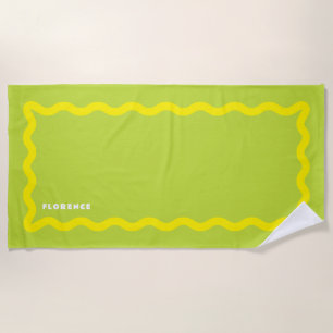 Yellow and Lime Squiggle with Text Beach Towel