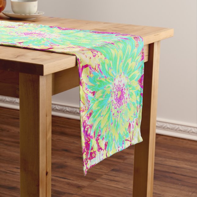 Yellow and Magenta Decorative Dahlia Flower Long Table Runner (In Situ)