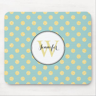 Yellow and Mint Polka Dots Pattern Monogram Mouse Pad