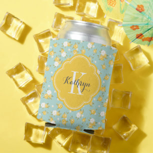 Yellow and Mint Vintage Floral Monogram Can Cooler