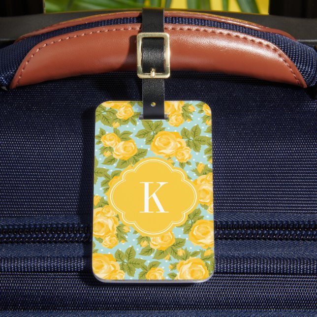 Yellow and Mint Vintage Roses Monogram Luggage Tag (Front Insitu 2)