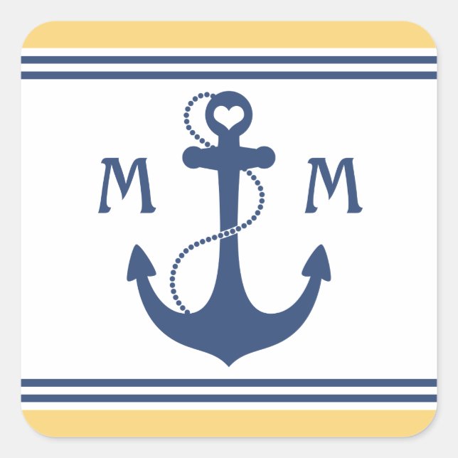 Yellow and Navy Blue Heart Anchor Monogram Square Sticker (Front)