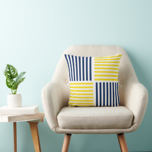 Yellow and Navy Blue Nautical Stripe Pillow
