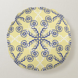 Yellow and Navy Blue Pattern Round Pillow