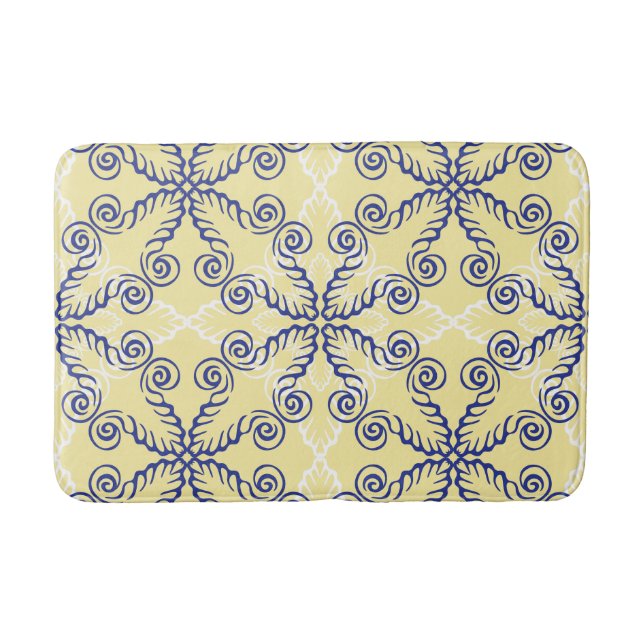 Yellow and Navy Blue Scrollwork Pattern Bath Mat (Front)