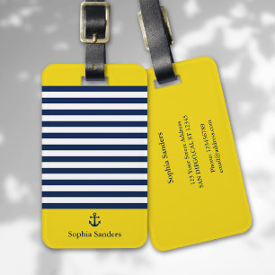 Yellow and Navy Blue Striped Nautical Style Luggage Tag