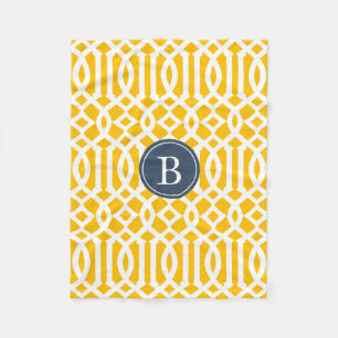 Yellow and Navy Blue Trellis Pattern Monogram Fleece Blanket