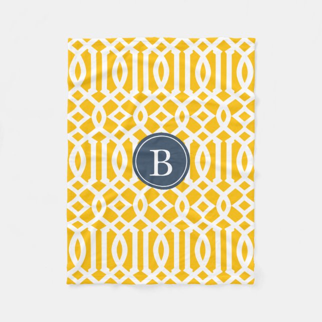Yellow and Navy Blue Trellis Pattern Monogram Fleece Blanket (Front)