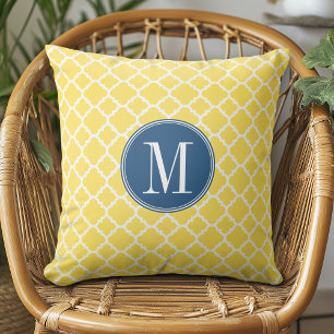 Yellow and Navy Quatrefoil Pattern Custom Monogram Cushion