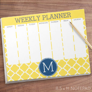 Yellow and Navy Quatrefoil Pattern Custom Monogram Notepad