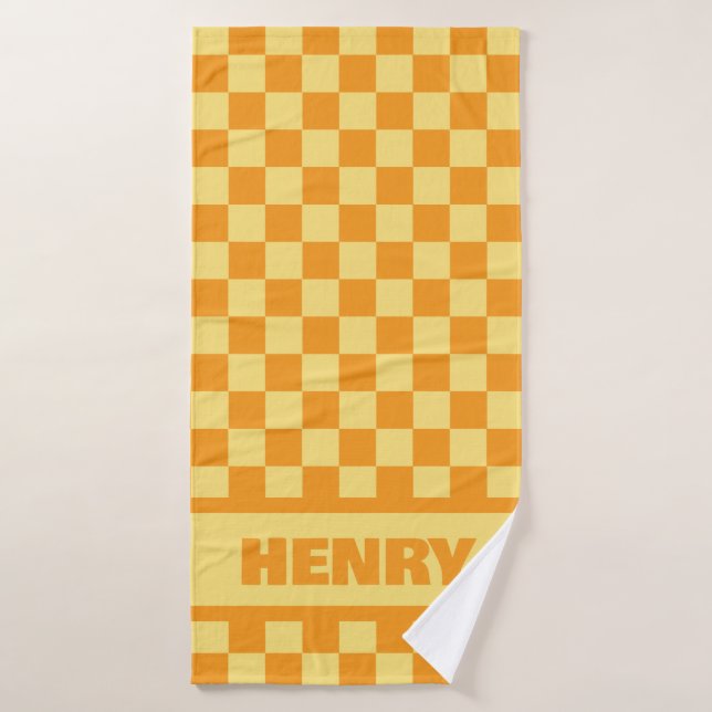 Yellow and Orange Chequerboard Custom Name Towel (Bath Towel)