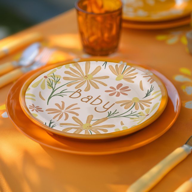 Yellow and Orange Daisies Baby Shower Paper Plate (Creator Uploaded)