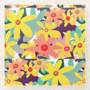 Yellow and orange flowers glass coaster