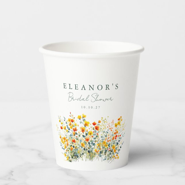 Yellow and Orange Meadow Wildflowers Bridal Shower Paper Cups (Front)