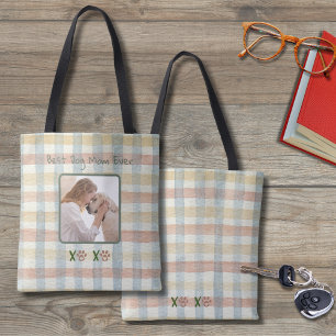 Yellow and Orange Plaid Dog Photo Best Mum Tote Bag