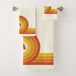 Yellow and orange retro style circles and lines bath towel set