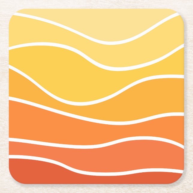 Yellow and orange retro style waves square paper coaster (Front)