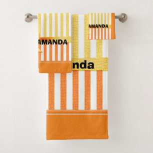 Yellow and orange stripe ,personalized ribbon  bath towel set