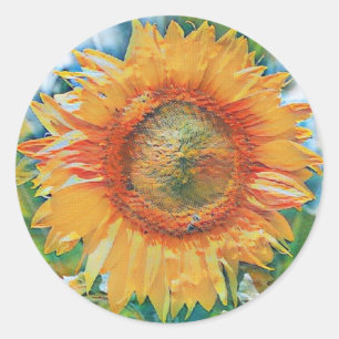 Yellow and orange sunflower painting classic round sticker