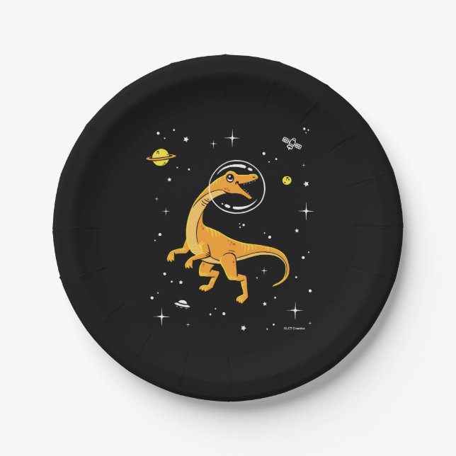 Yellow And Orange Velociraptor Dinos In Space Paper Plate (Front)