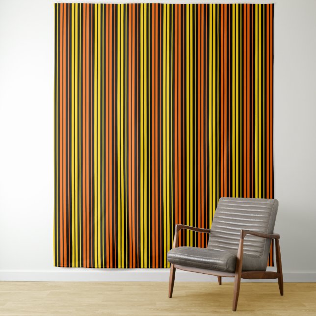 Yellow and Orange Vertical Stripes Black   Tapestry (In Situ)
