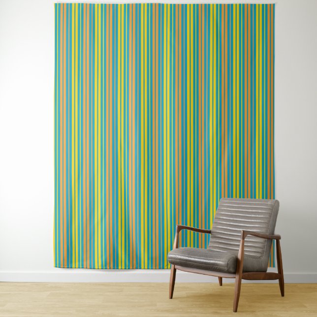 Yellow and Orange Vertical Stripes Blue   Tapestry (In Situ)