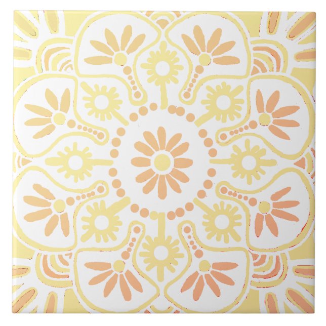  Yellow and peach on white geometric ceramic tile (Front)