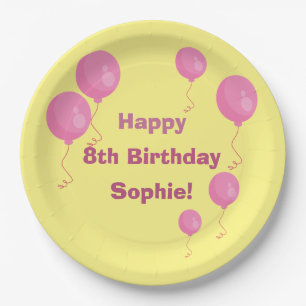 Yellow and Pink Balloon Girl Birthday Paper Plates