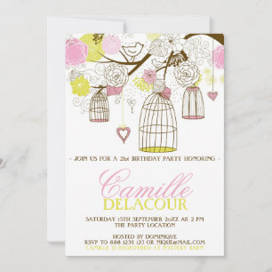 Yellow and Pink Birdcages Birthday Invitation