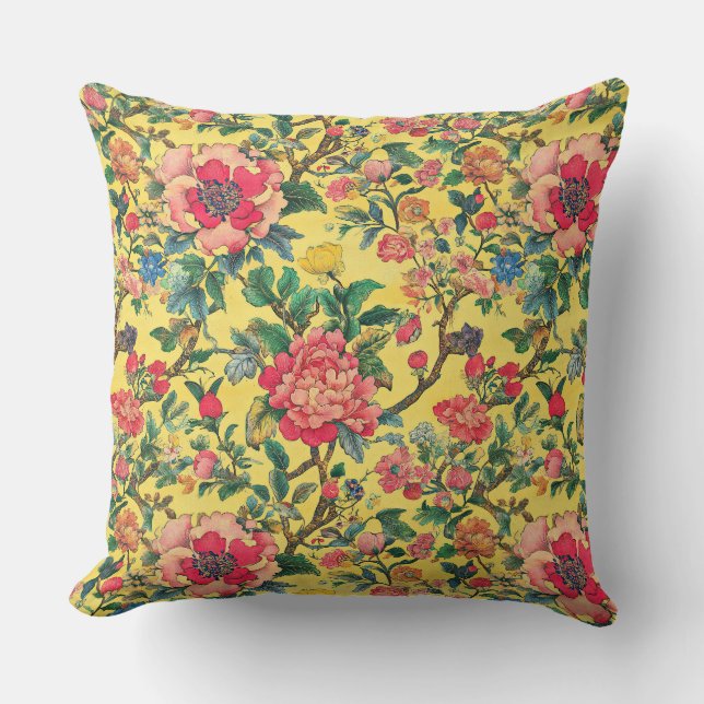 Yellow and Pink Chinoiserie Floral Cushion (Front)