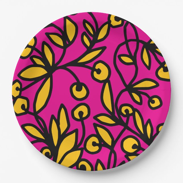 Yellow and pink doodle paper plate (Front)