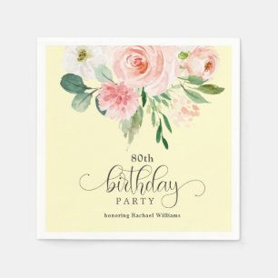 Yellow and Pink Floral 80th Birthday Party Napkin