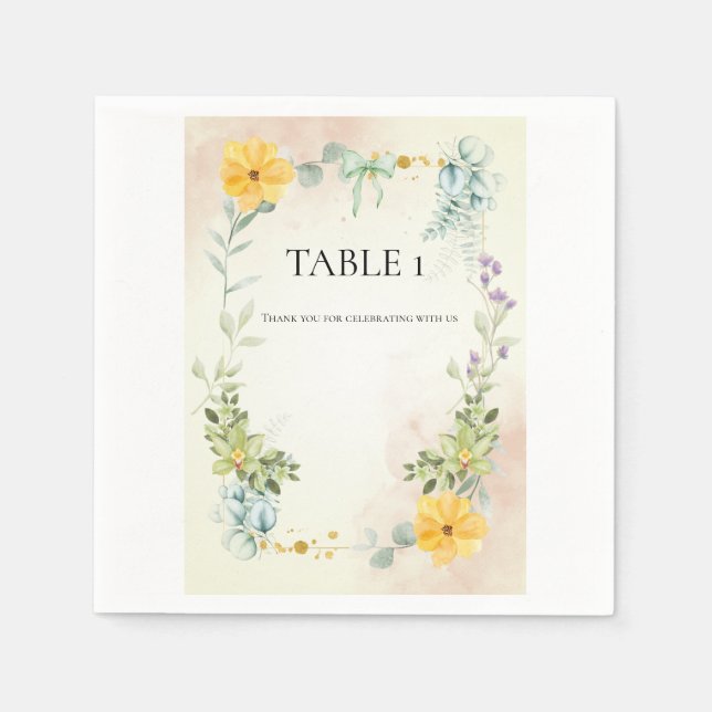 Yellow and Pink Floral Wedding Table Number Napkin (Front)