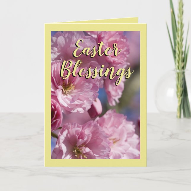 Yellow and Pink Flower Blossoms Easter Blessings Holiday Card (Front)