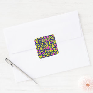 Yellow and pink flower patterns on dark blue backg square sticker
