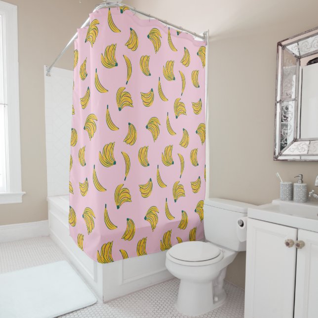 Yellow and Pink Funky Hipster Banana Pattern Shower Curtain (In Situ)