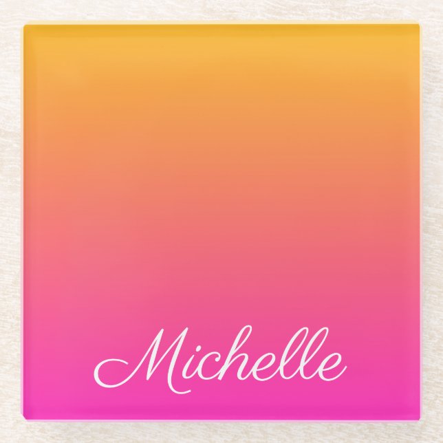 Yellow and pink gradient ombre glass coaster (Front)
