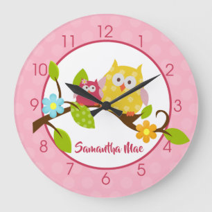 Yellow and Pink Happy Owls Girl Nursery Large Clock
