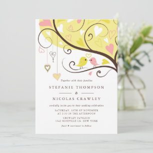 Yellow and Pink Love Birds Wedding Invitation