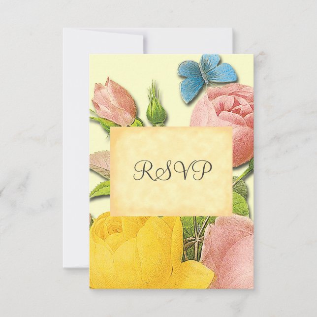 Yellow and Pink Rose Botanical Custom RSVP Cards (Front)