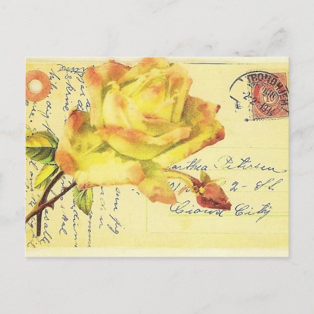 Yellow and Pink Rose Stamped Postcard (Front)
