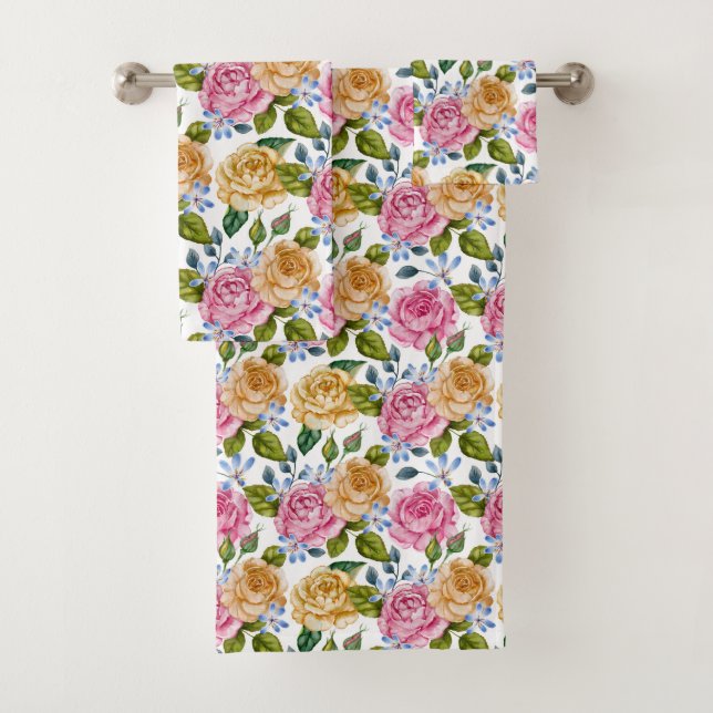 Yellow And Pink Roses Bath Towel Set (Insitu)