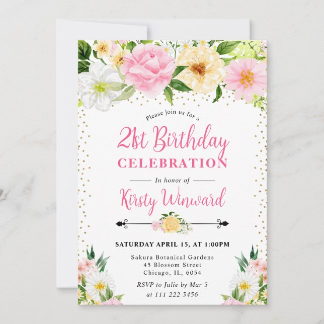 Yellow and Pink Summer Flowers Photo 21st birthday Invitation (Front)