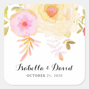 Yellow and Pink Watercolor Flowers Wedding Sticker