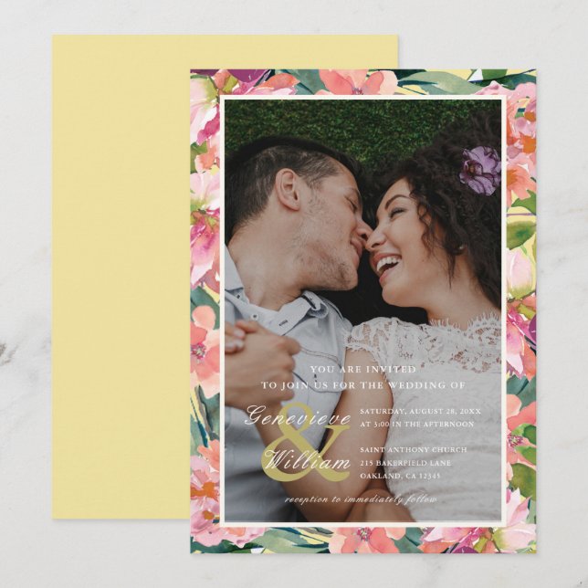 Yellow and Pink with Peach Floral Photo Wedding Invitation (Front/Back)