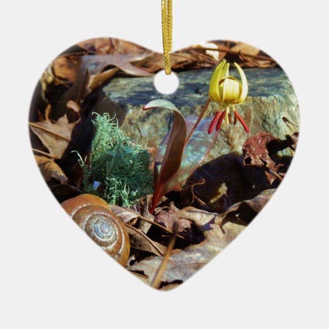 Yellow and Plum Trout Lily and Snail Shell Ceramic Tree Decoration (Front)