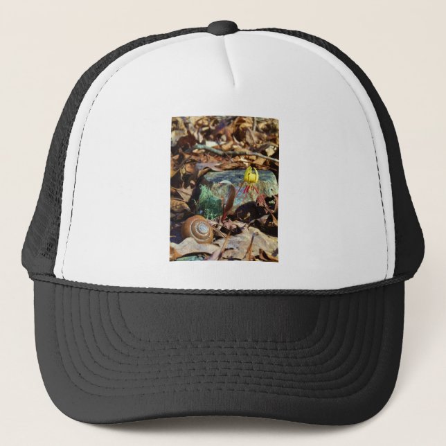 Yellow and Plum Trout Lily and Snail Shell Trucker Hat (Front)