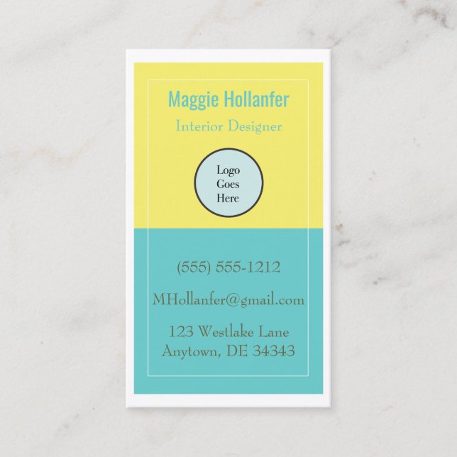 Yellow and Pool Blue with Logo and Information Business Card (Front)